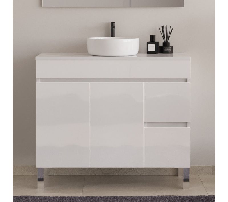 Meuble De Salle De Bain 90cm Plateau Et Une Cuve - Sans Miroir - Portes Et Tiroirs - Blanc - Haro