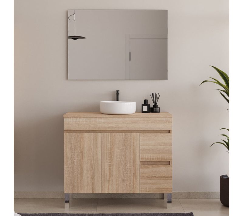 Meuble De Salle De Bain 90cm Plateau Et Une Cuve - Portes Et Tiroirs - Cambrian (chêne Clair) - Haro