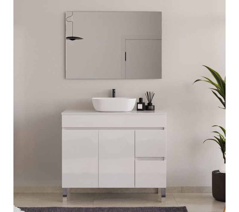 Meuble De Salle De Bain 90cm Plateau Et Une Cuve - Portes Et Tiroirs - Blanc Brillant - Haro