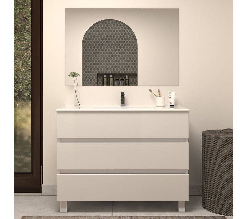 Meuble De Salle De Bain 90cm Simple Vasque - 3 Tiroirs - Blanc Brillant - Mayor