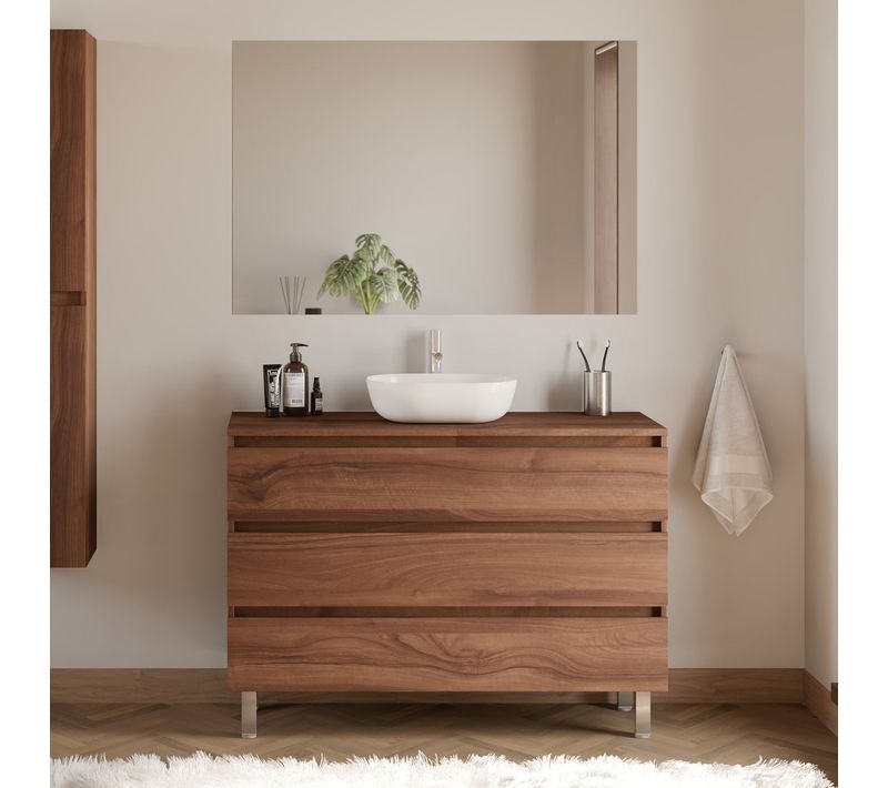 Meuble De Salle De Bain 120cm Plateau Et Vasque Arrondie - 3 Tiroirs - Noyer - Mayor