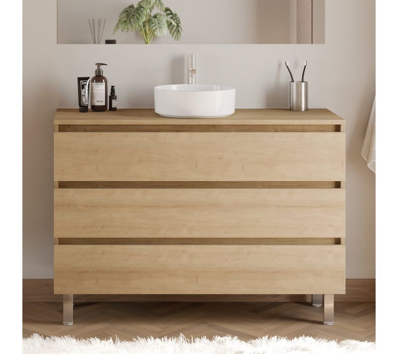 Meuble De Salle De Bain 120cm Plateau Et Vasque Ronde - 3 Tiroirs - Sans Miroir - Nebraska - Mayor