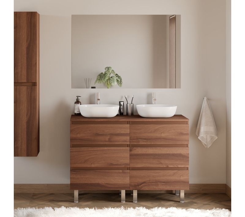 Meuble De Salle De Bain 140cm Plateau Et Vasques Arrondies - 6 Tiroirs - Noyer - Mayor