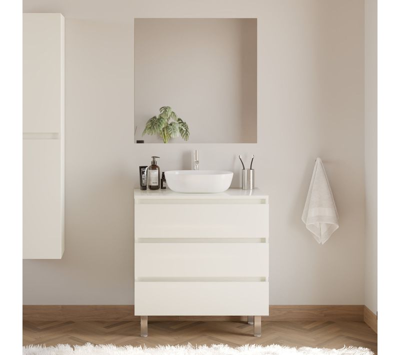 Meuble De Salle De Bain 80cm Plateau Et Vasque Arrondie - 3 Tiroirs - Blanc - Mayor