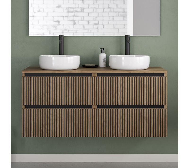 Meuble De Salle De Bain 140cm Plateau Et Vasques Rondes - 4 Tiroirs - Sans Miroir - Noyer - Veneria