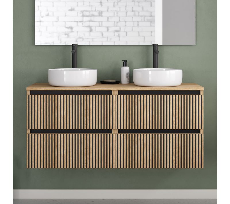 Meuble De Salle De Bain 120cm Plateau Et Vasques Rondes - 4 Tiroirs - Sans Miroir - Roble - Veneria