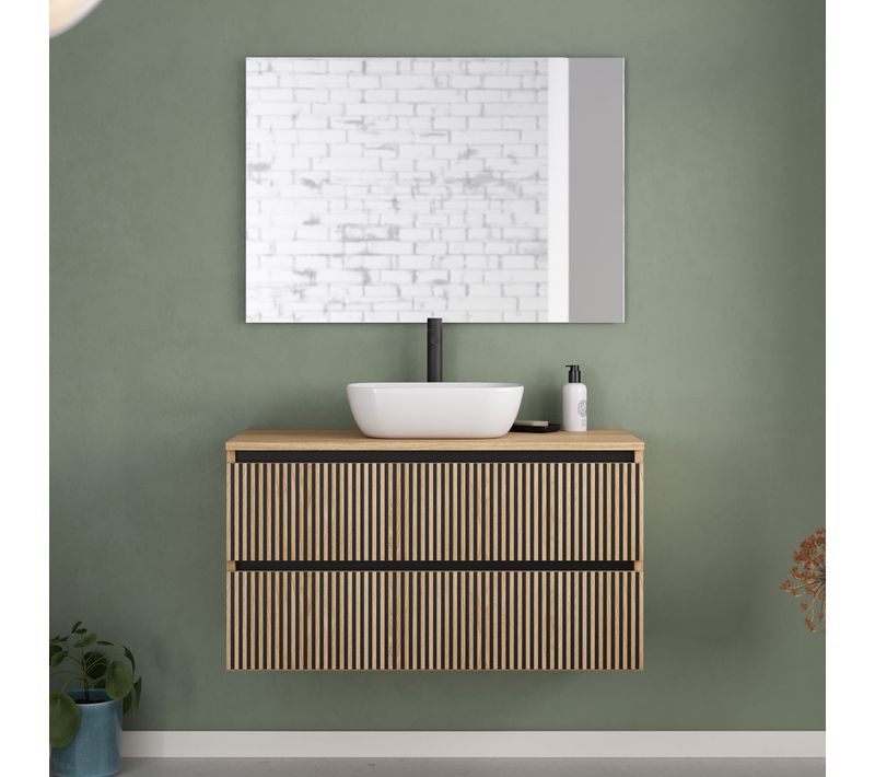 Meuble De Salle De Bain 100cm Plateau Et Vasque Arrondie - 2 Tiroirs - Roble - Veneria
