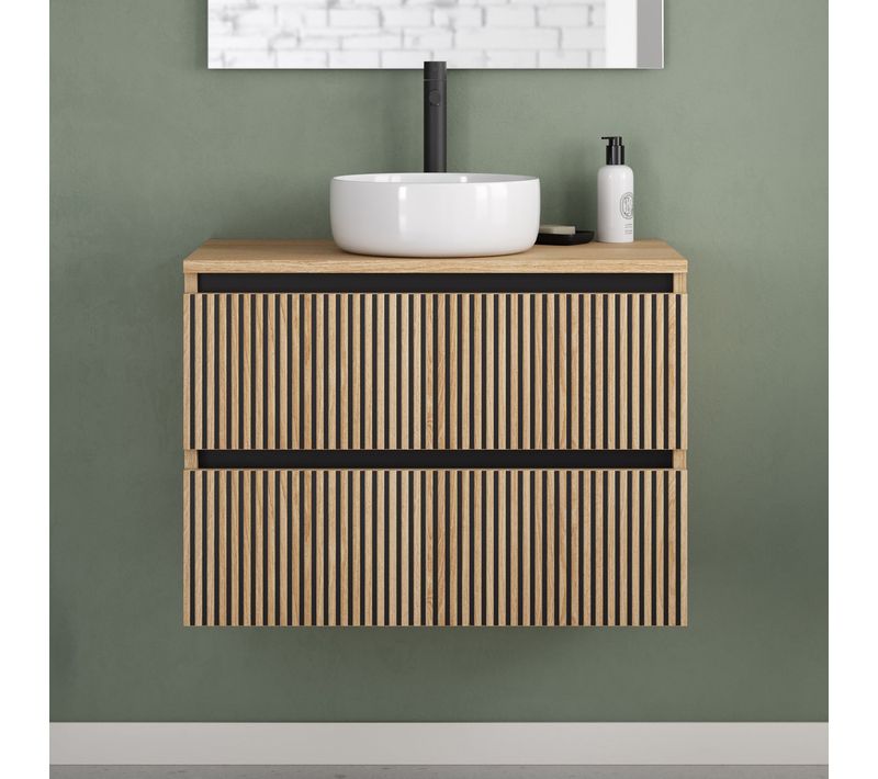 Meuble De Salle De Bain 60cm Plateau Et Vasque Ronde - 2 Tiroirs - Sans Miroir - Roble - Veneria