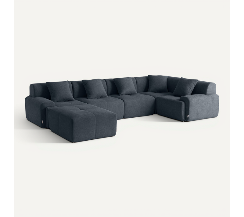 Canapé D'angle Compressé Sofamous 5 Places Avec Méridienne Tissu Chiné Bleu Gris