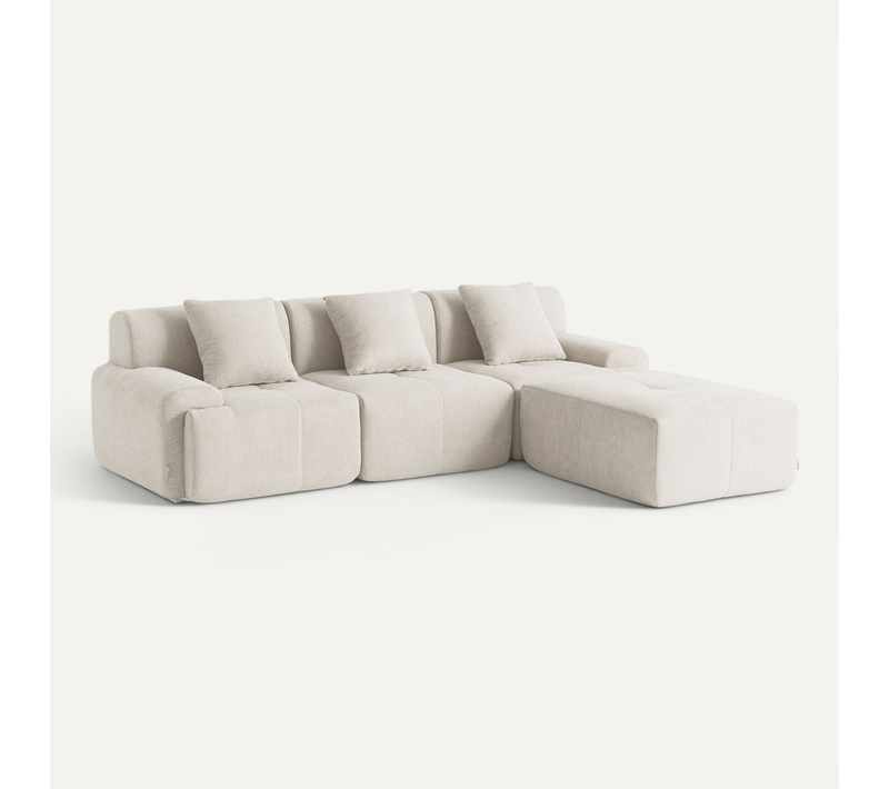 Canapé D'angle Compressé Sofamous 3 Places Avec Méridienne Tissu Chenille Blanc Ivoire