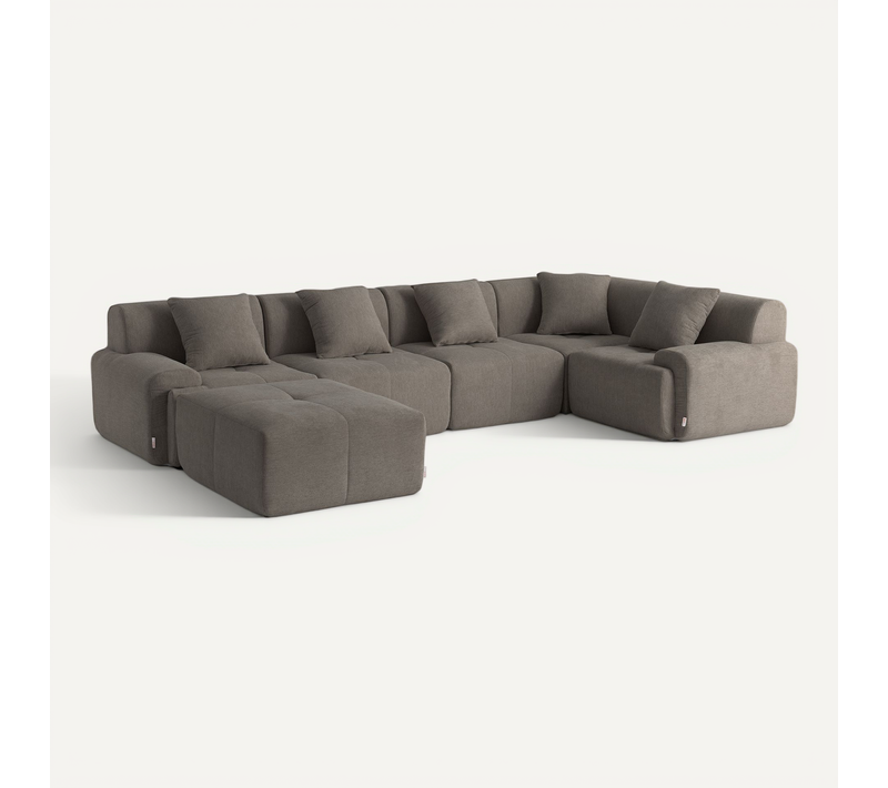 Canapé d'angle compressé sofaMOUS 5 places avec méridienne tissu chenille brun cendré