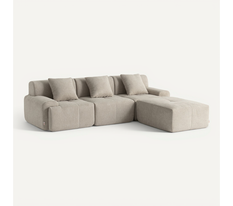 Canapé D'angle Compressé Sofamous 3 Places Avec Méridienne Tissu Chenille Beige Sable