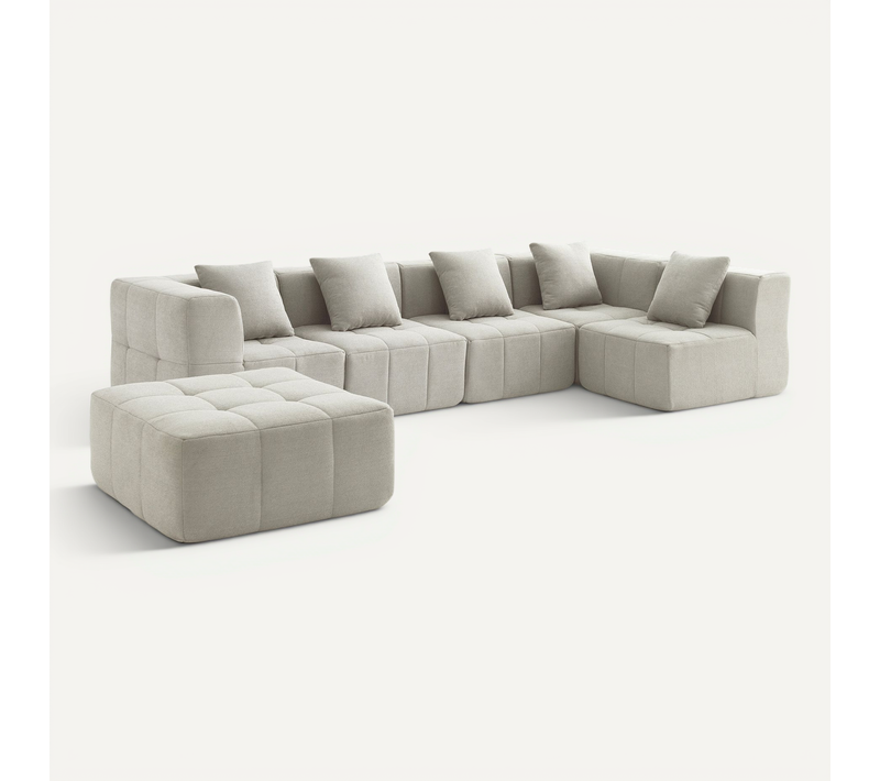 Canapé D'angle Compressé Sofabulous 5 Places Avec Méridienne Tissu Bouclé Beige Crème