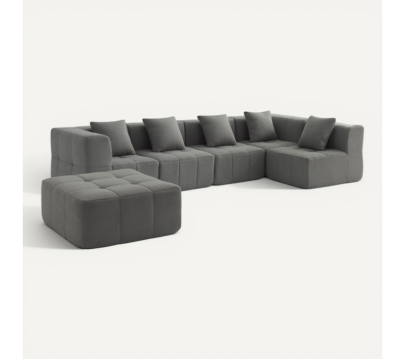 Canapé D'angle Compressé Sofabulous 5 Places Avec Méridienne Tissu Bouclé Gris Nuage