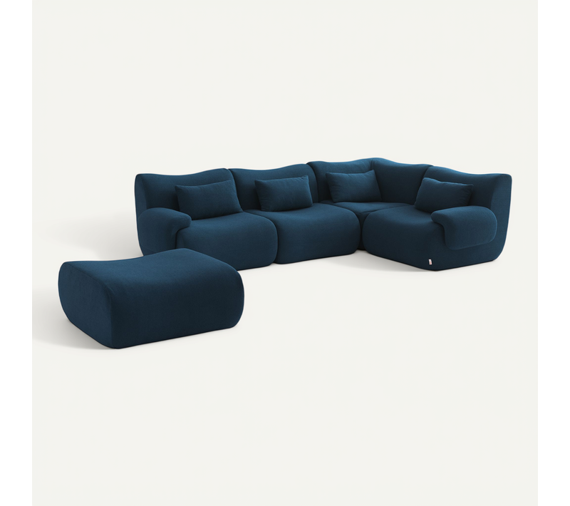 Canapé D'angle Compressé Sofatime 4 Places Avec Méridienne Tissu Bouclé Bleu Profond