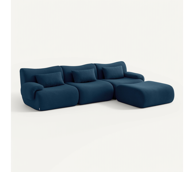 Canapé d'angle compressé sofaTIME 3 places avec méridienne tissu bouclé bleu profond