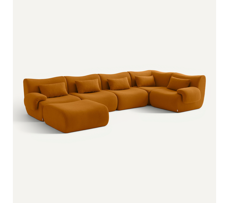 Canapé D'angle Compressé Sofatime 5 Places Avec Méridienne Tissu Bouclé Brun Cannelle