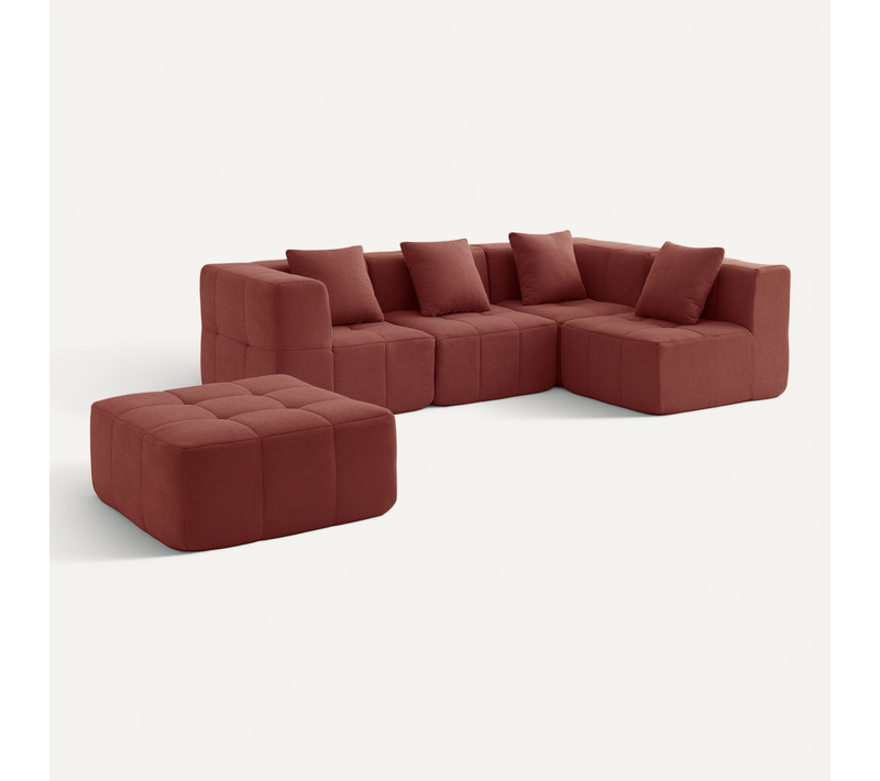 Canapé D'angle Compressé Sofabulous 4 Places Avec Méridienne Tissu Bouclé Rouge Terracotta