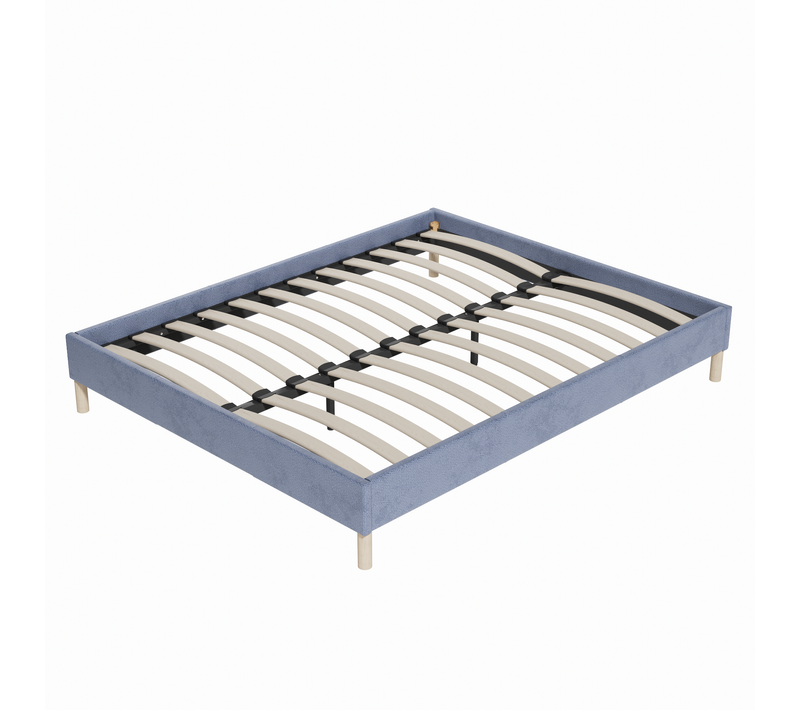 Sommier 140x190 Cm, Cadre En Tissu Bleu, Pieds En Bois