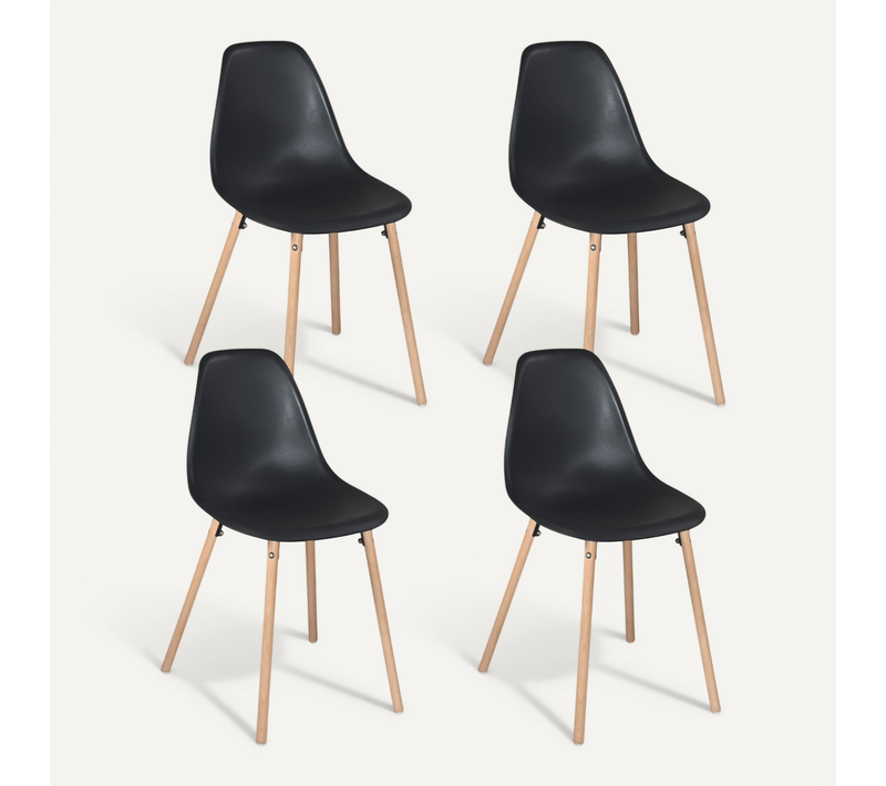 Lot De 4 Chaises Scandinaves Ova Noires Avec Assise Plastique Et Pieds Bois Clair