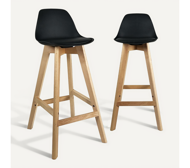 Lot De 2 Chaises De Bar Scandinaves Hauteur 67 Cm En Simili Noir Avec Pieds Bois Mali