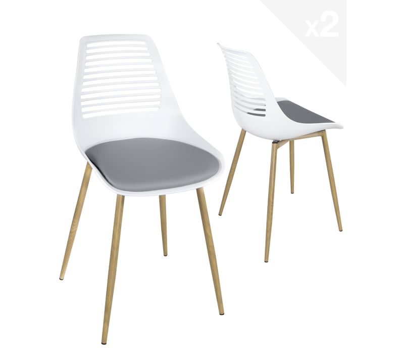 Lot 2 Chaises De Cuisine Dossier Ajouré Coussin Simili Pieds Métal Ton Bois Clair Geos (blanc Gris)