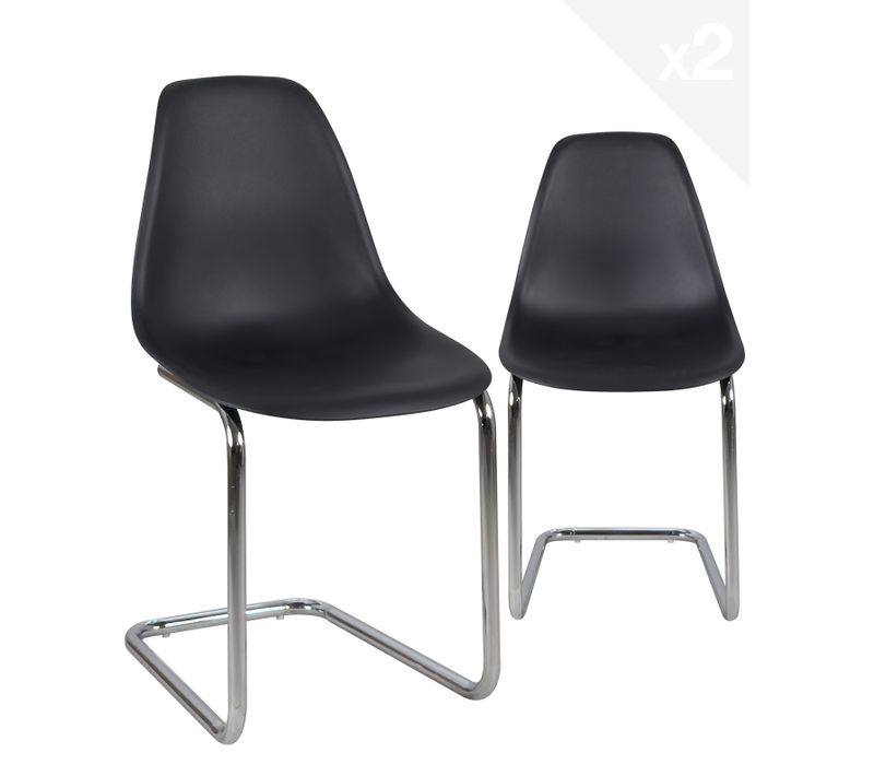 Lot 2 Chaises Visiteur Design Rétro Vintage Siège Plastique Souple Pied Chrome Meo (noir)