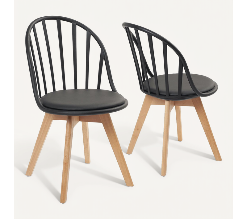 Lot 2 Chaises Bistrot à Barreaux Scandinaves Coussin Simili Pieds Bois Clair Bold (noir)