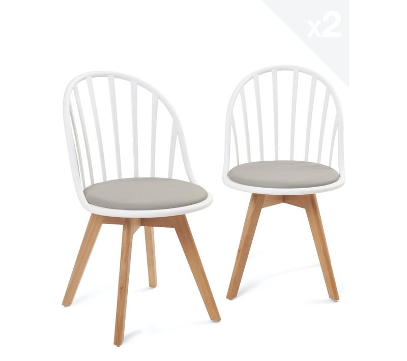 Lot 2 Chaises Bistrot à Barreaux Scandinaves Coussin Simili Pieds Bois Clair Bold (blanc Gris)