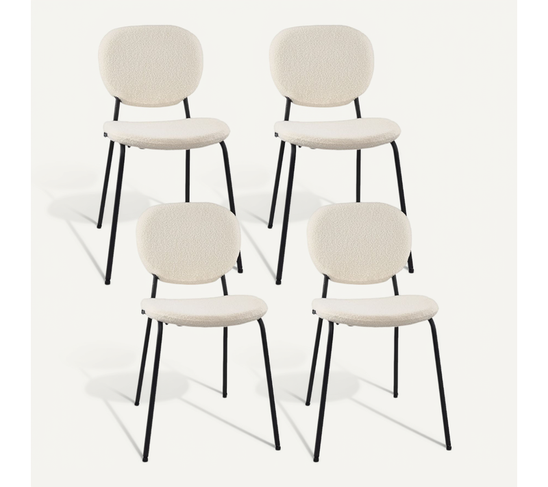 Lot De 4 Chaises De Salle à Manger Mada En Tissu Bouclette Blanc Avec Pieds Métal Noir