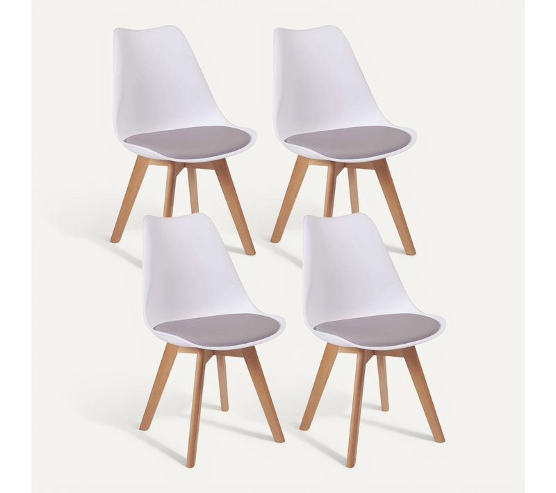 Lot 4 Chaises Scandinaves Large Siège Coussin Simili Pieds Bois Hêtre Lao (blanc Gris)