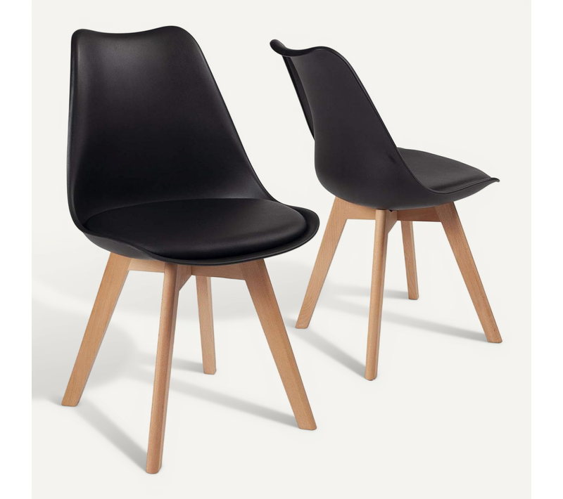 Lot 2 Chaises Scandinaves Large Siège Coussin Simili Pieds Bois Hêtre Lao (noir)