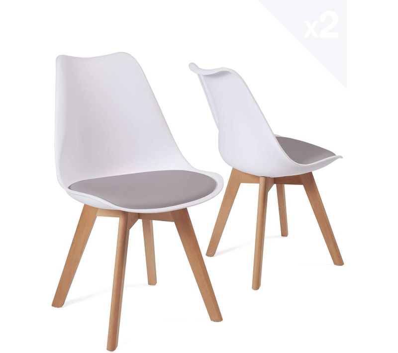 Lot 2 Chaises Scandinaves Large Siège Coussin Simili Pieds Bois Hêtre Lao (blanc Gris)