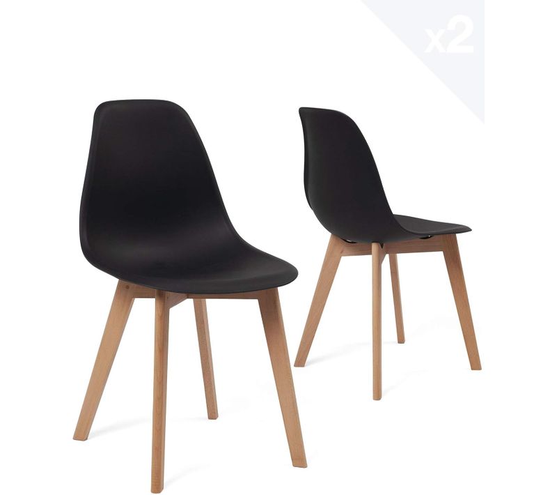 Lot 2 Chaises De Cuisine Scandinaves Siège Plastique Souple Pieds Bois Nao (noir)