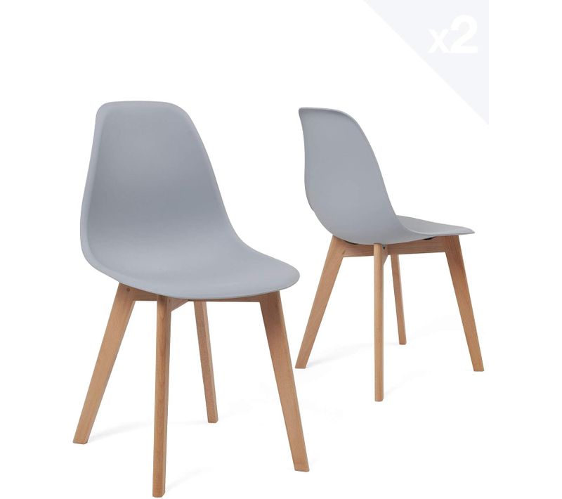 Lot 2 Chaises De Cuisine Scandinaves Siège Plastique Souple Pieds Bois Nao (gris)