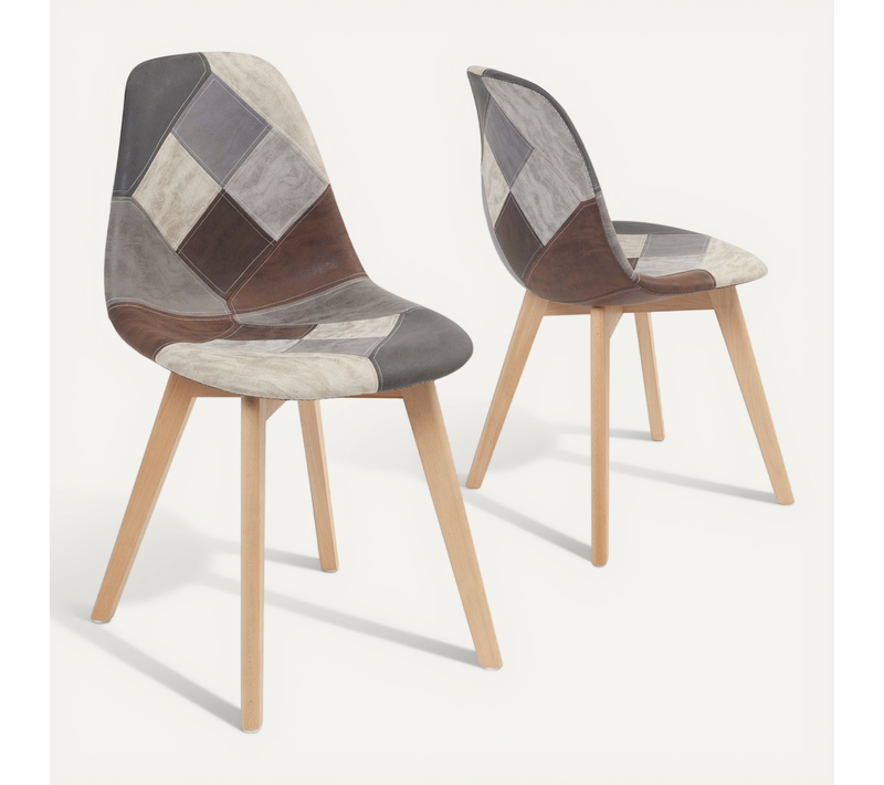 Lot De 2 Chaises Scandinaves Nada En Tissu Patchwork Gris Et Bleu Avec Pieds Bois Clair