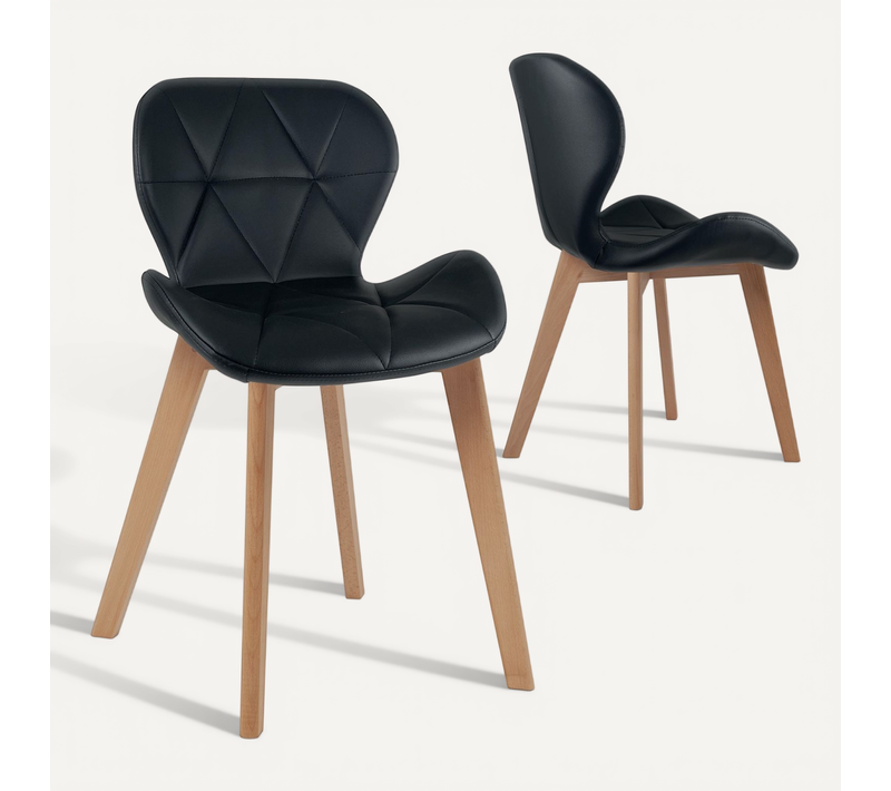 Lot De 2 Chaises Scandinaves Fati Noires En Simili Matelassé Avec Pieds Bois Clair