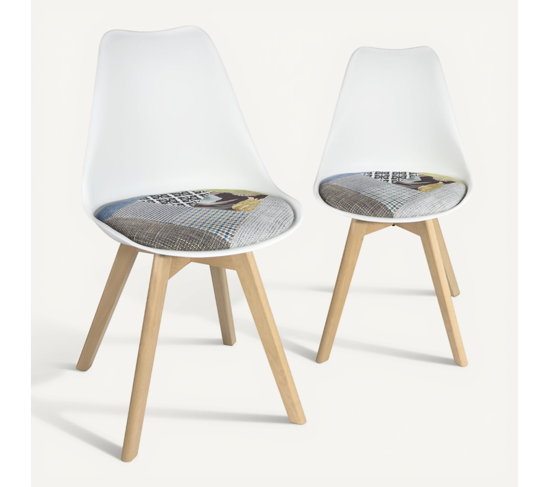 Lot de 2 chaises scandinaves LAO blanches avec assise en tissu patchwork floral et pieds bois clair