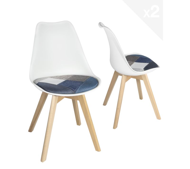 Lot 2 Chaises Scandinaves Coussin Tissu Patchwork Rembourré Pieds Bois Clair Lao (bleu)