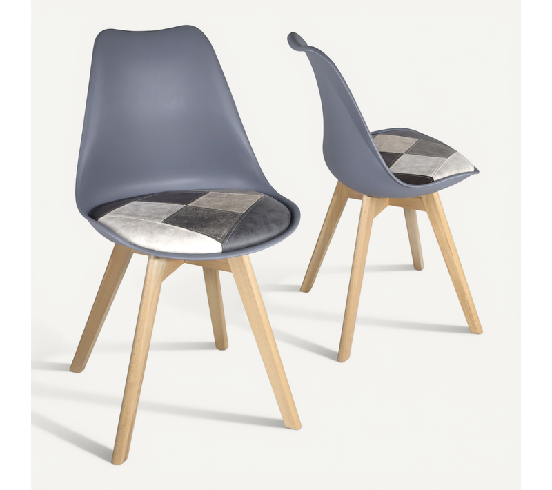 Lot 2 Chaises Scandinaves Coussin Simili Patchwork Rembourré Pieds Bois Clair Lao (gris Bleu)
