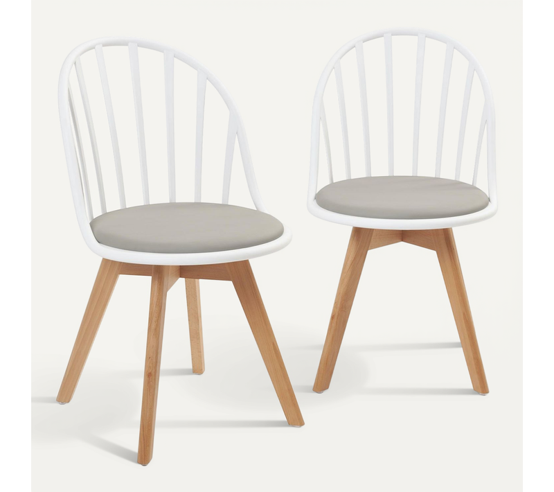 Lot 2 Chaises Bistrot à Barreaux Scandinaves Coussin Simili Pieds Bois Clair Bold (blanc Gris)