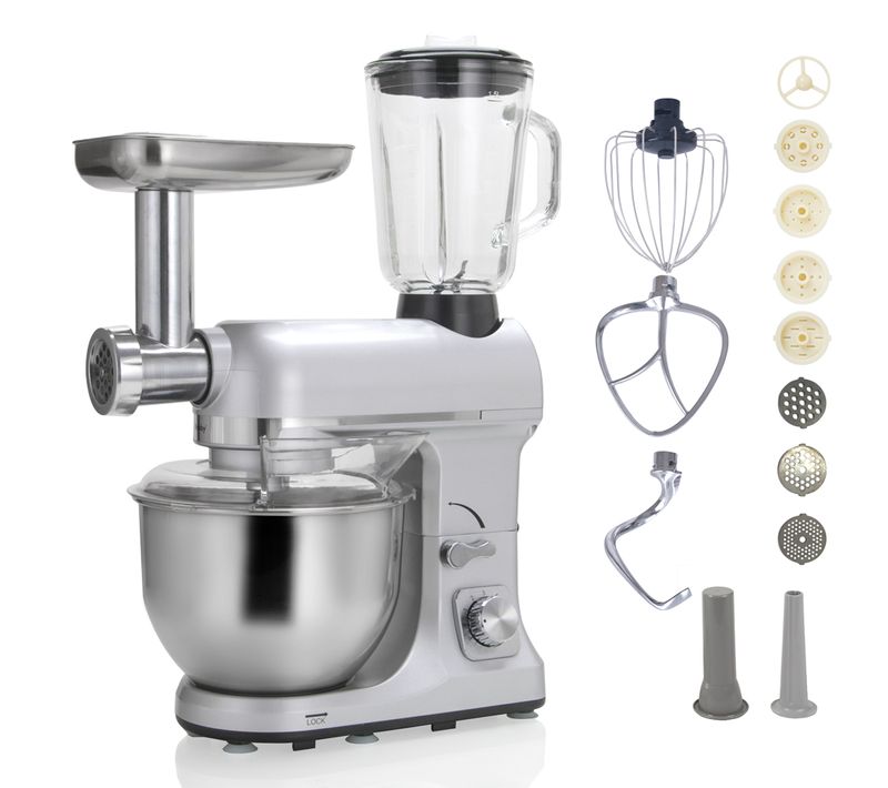 Robot Multifonctions 5l 1000w Silver Avec Hachoir Et Blender 1,5l En Verre - Robimix Silver