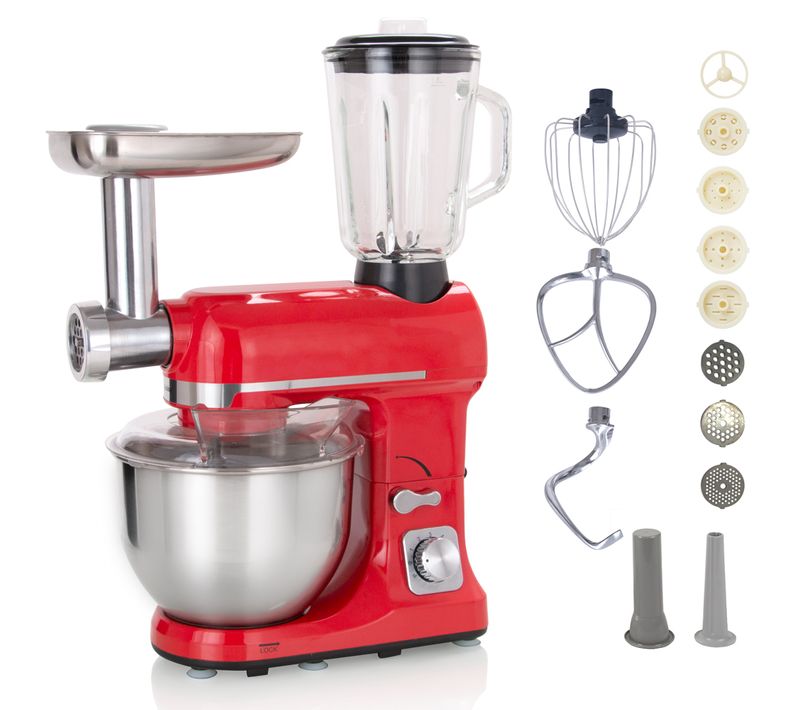 Robot Multifonctions 5l 1000w Rouge Avec Hachoir Et Blender 1,5l En Verre - Robimix Rouge