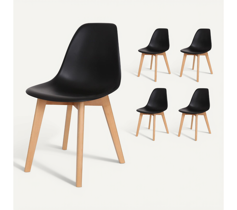 Lot De 4 Chaises Style Scandinave Modèle Gabby - Coque En Résine Noire Et Pieds En Bois Naturel