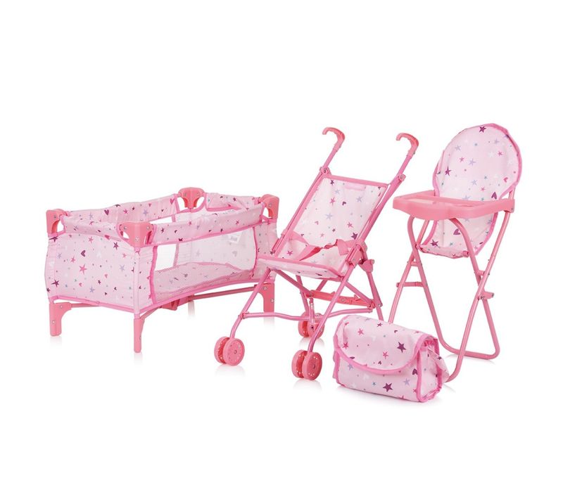 Trixy Ensemble 3en1 Pour Poupée Poussette Chaise Haute Lit Parapluie Enfant 3-6 Ans étoiles