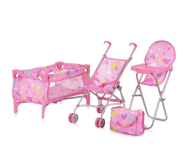 Trixy Ensemble 3en1 Pour Poupée Poussette Chaise Haute Lit Parapluie Enfant 3-6 Ans Coeurs