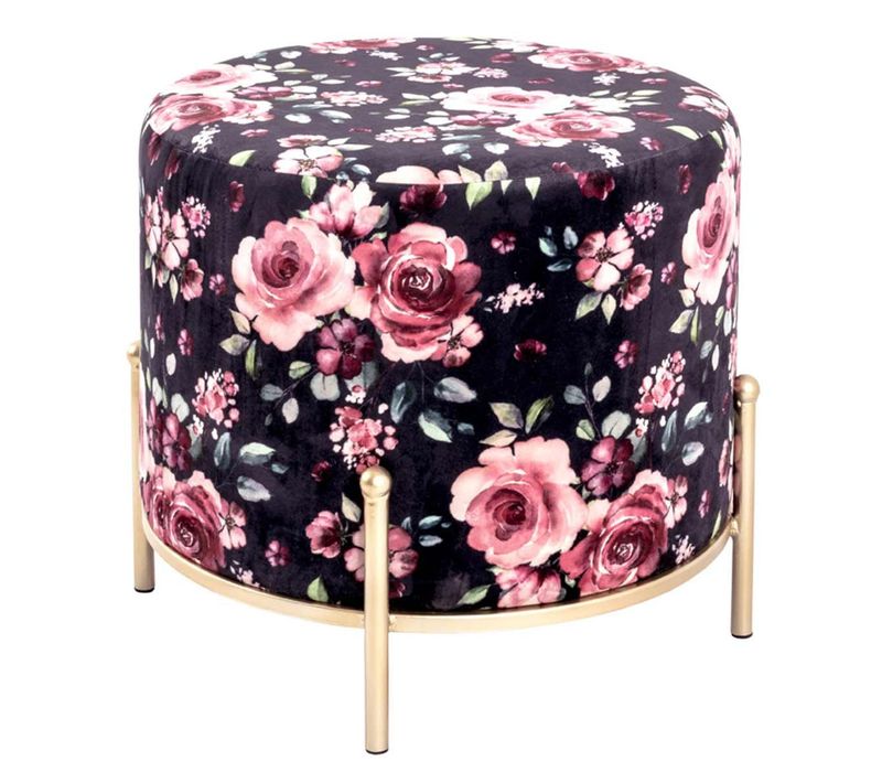 Tabouret En Velours "motif Fleurs" 48cm Noir et Rose
