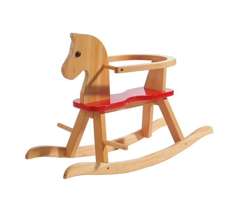 Cheval à Bascule En Bois + Anneau De Protection Amovible - Dès 1 An - Naturel/rouge