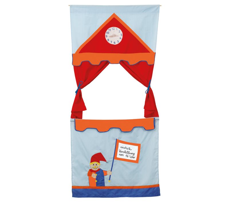 Théâtre De Marionnettes En Bois Massif Et Tissu + 6 Marionnettes à Main - Multicolore