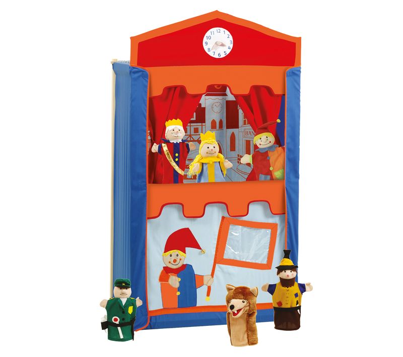 Théâtre De Guignol + 6 Marionnettes à Main - Bois Massif Et Tissu - Multicolore